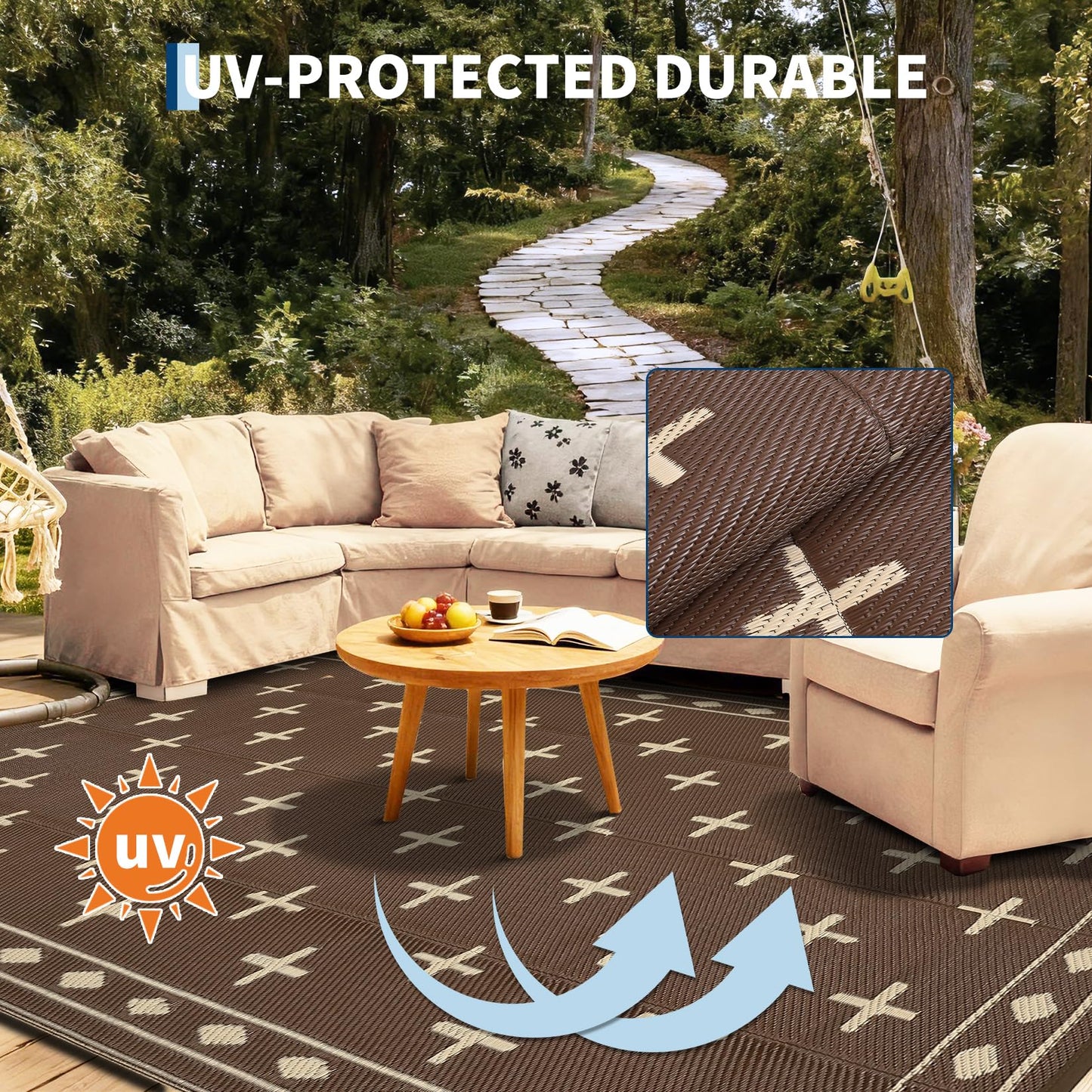 GarveeHome 9'x12' Outdoor Rug Waterproof – Reversible Plastic Mat for Patio & RV Camping, Large Geometric Rug for Deck Balcony, Portable Foldable Picnic Rug with Carry Bag, UV Resistant, Brown