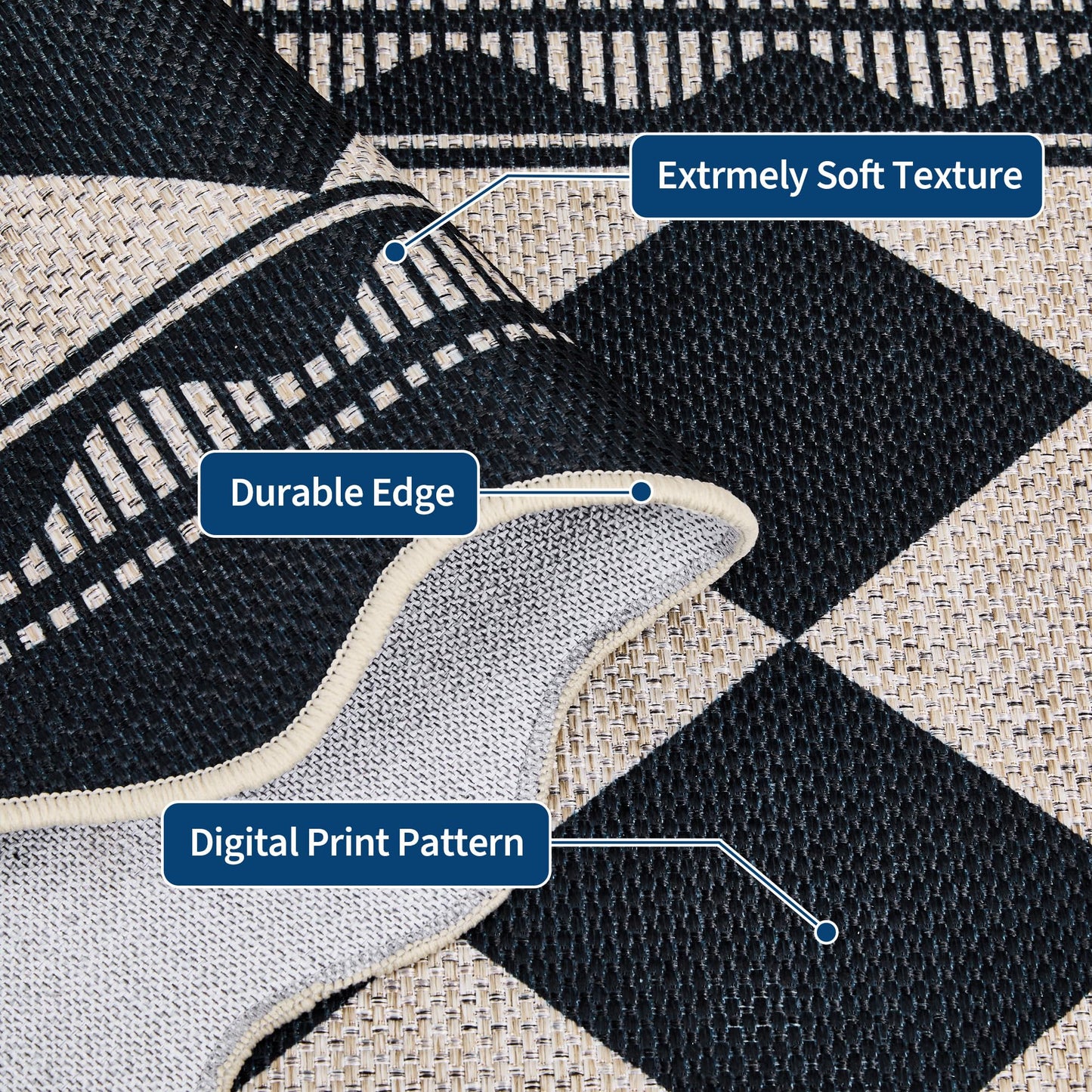 Garvee Easy Jute 2x6 Scalloped Border Kitchen Rugs Non Slip Indoor Outdoor Washable Rugs for Living Room Low Pile Floor Cover for Entryway Stain Resistant Indoor Carpet for Hallway，Black/White