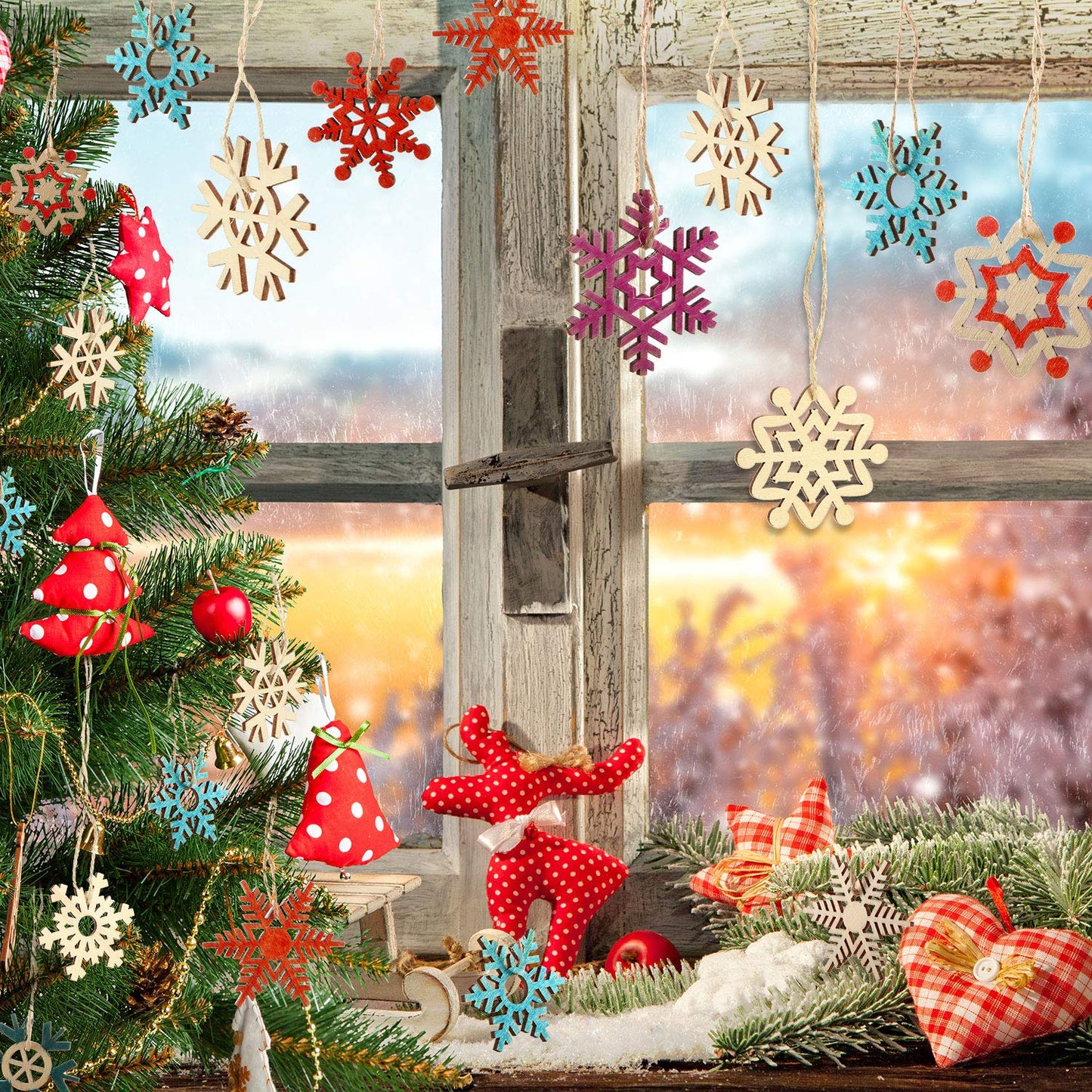 100 Pcs Christmas Unfinished Wooden Snowflake Ornaments Snowflake Hanging Cutouts Blank Wood Slices with Cord Craft Embellishments for Xmas Tree Decorations