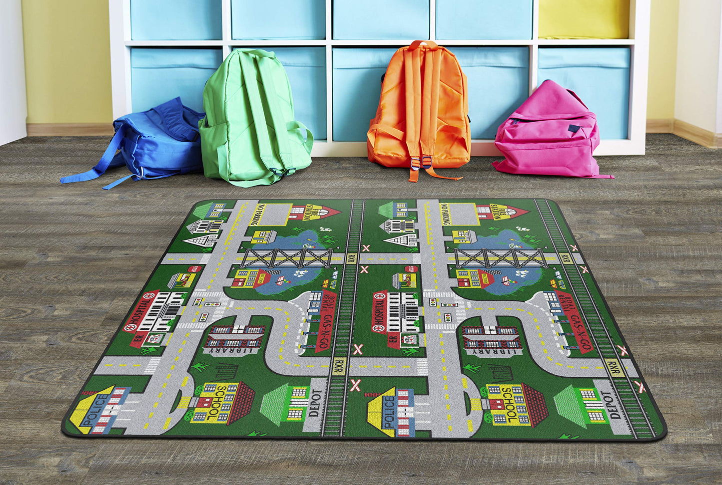 Flagship Carpets Places to Go Play Carpet Rug for Home or School Learning Area, Childrens Classroom, Kid's Bedroom or Playroom, Square, 6' x 6', Primary