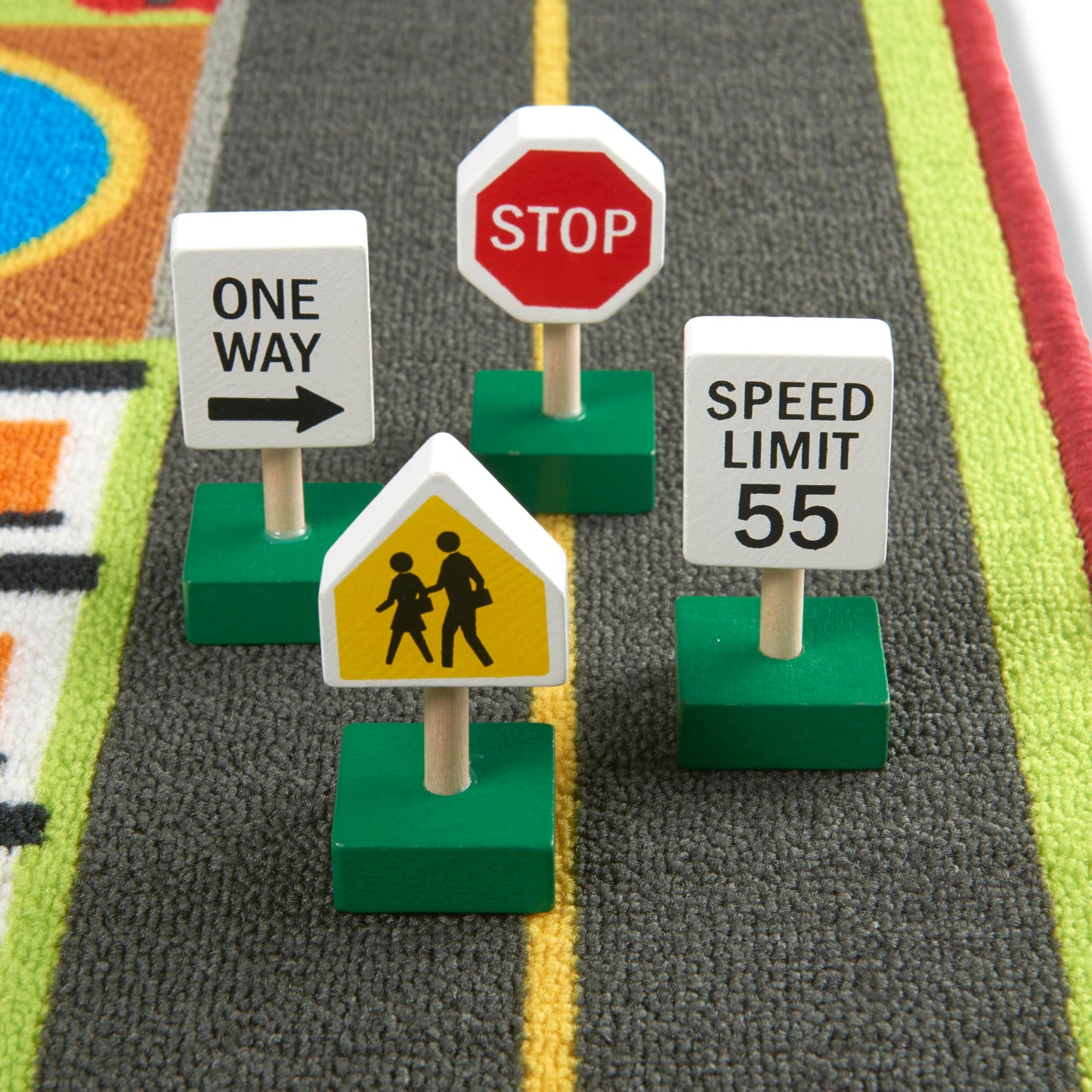 Melissa & Doug Jumbo Roadway Activity Rug, 4 Wooden Traffic Signs, 79" L X 60" W Pretend Play Road Activity Rug