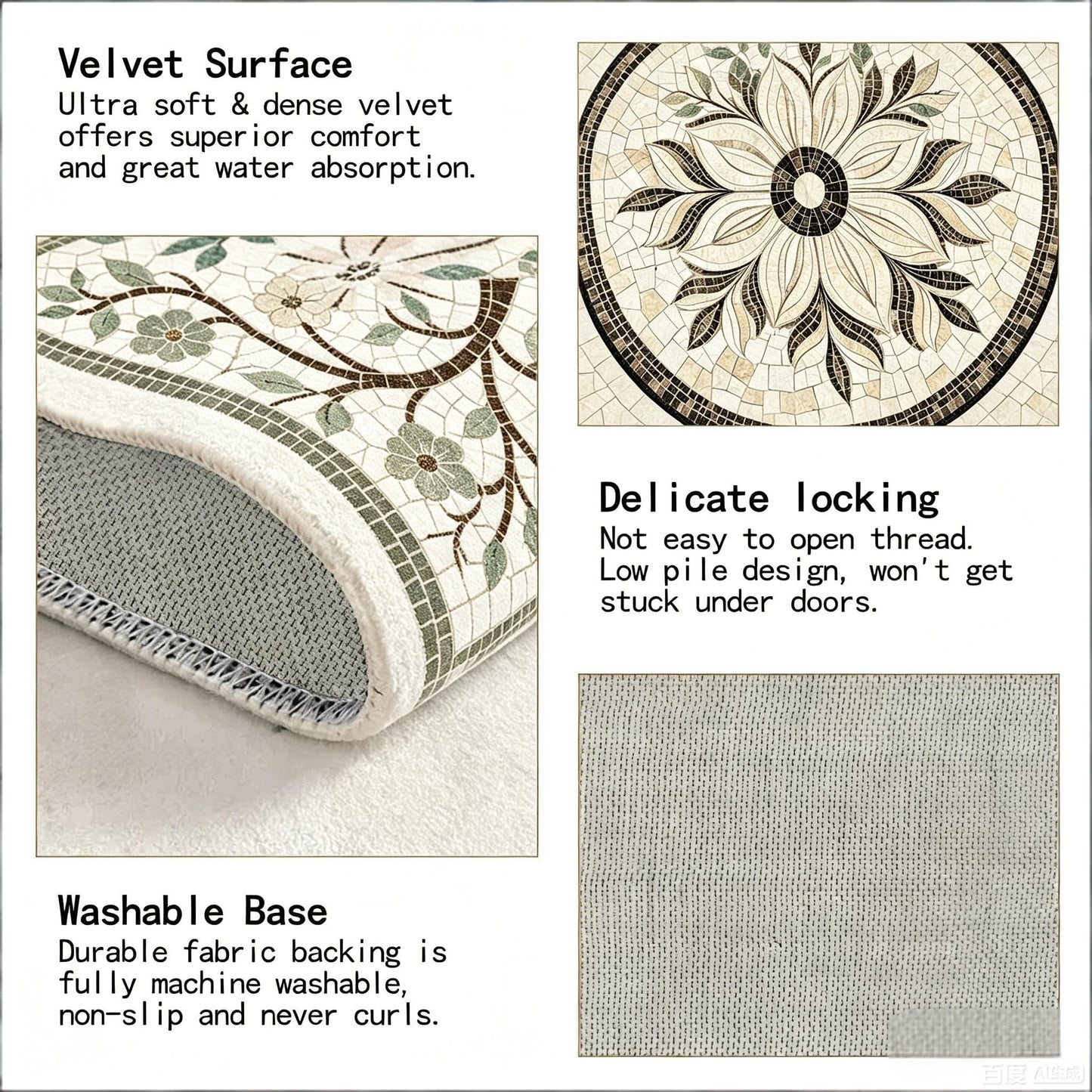 Half Circle Door Mat 24"x36" Non-Slip Washable Welcome Mat, Pinkish-Purple Datura Low Profile Front Door Mat Semicircular Entrance Doormat, Dirt Trapper Floor Mat for Indoor Outdoor Entryway Patio