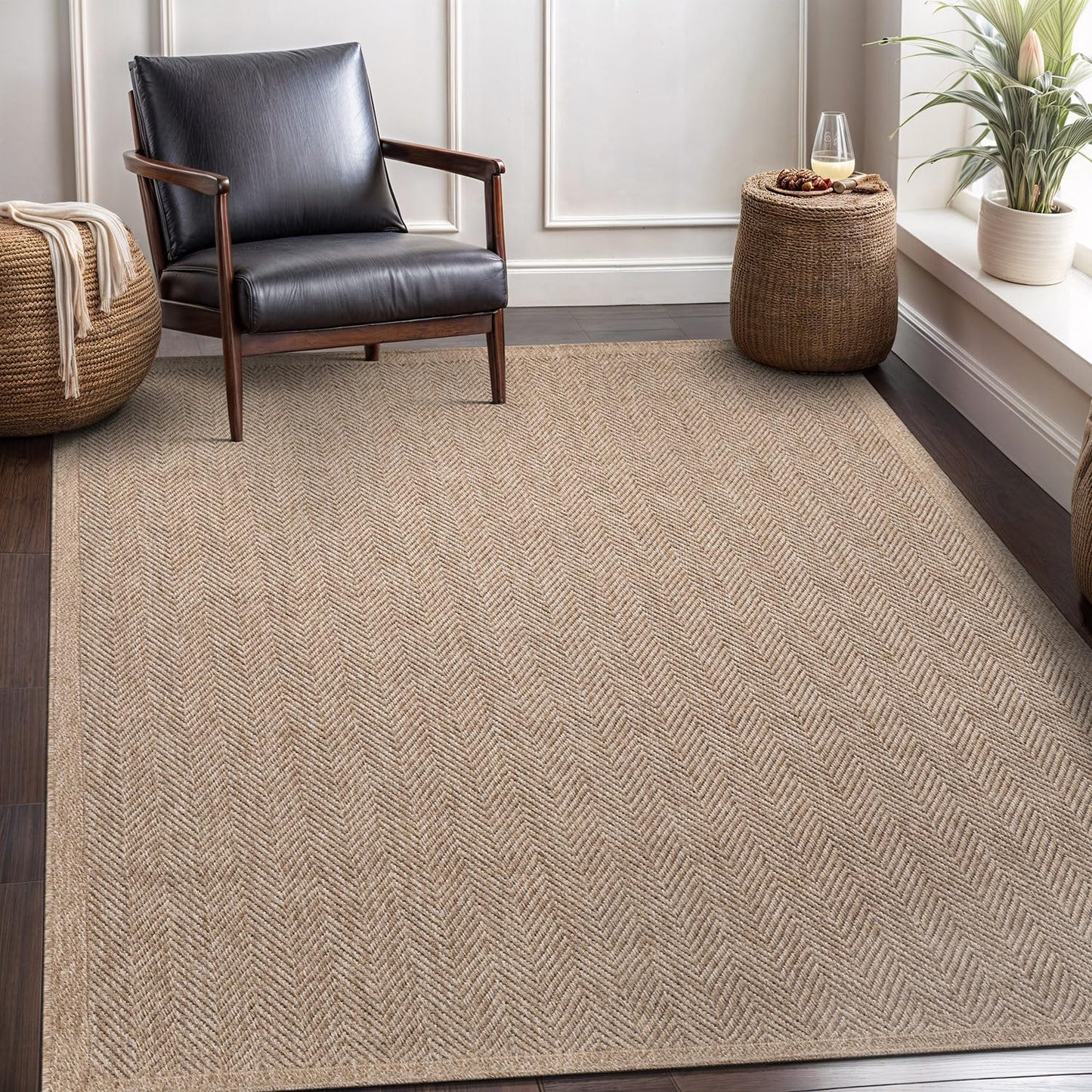 CAMILSON Easy Jute Rug 5x7, Indoor Outdoor Natural Color Fiber Area Rugs for Living Room Patio and Bedroom Rug Herringbone Seagrass Woven Design Easy-Cleaning, Washable Outside Carpet Alfombras 5 x 7