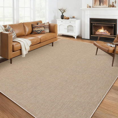 Garvee Modern Solid Washable Rug 8x10 Area Rug for Living Room Woven Textured Ultra-Thin Mat Non Slip Non-Shedding Indoor Floor Cover Foldable Farmhouse Carpet for Bedroom Office Dining Room Tan