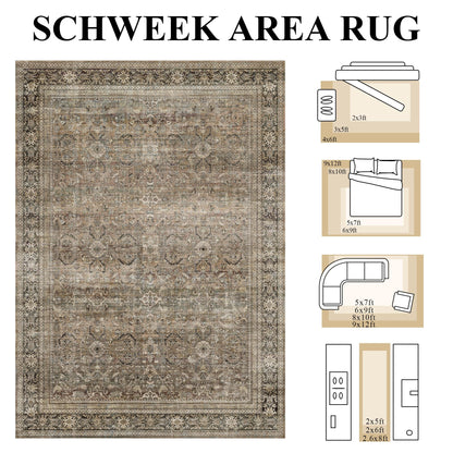 Schweek 8x10 Washable Area Rug Brown Neutral Vintage Distressed Rugs Large Non-Slip Living Room Area Rugs, Soft Low Pile Carpet Indoor Mat Throw Rug for Bedroom Dining Room Office Nursery