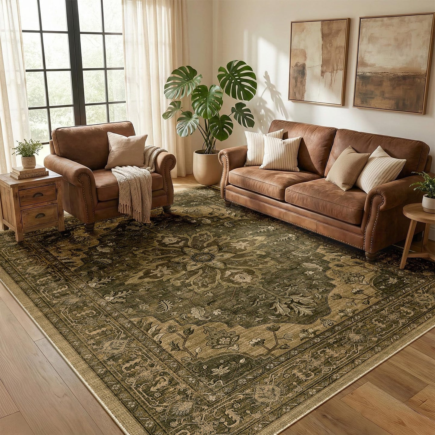 RELEANY Area Rugs 5'x7' Washable Non-Slip, Floral Vintage Distress Medallion Carpet for Living Room Bedroom Dining Room, Brown Dark Brown
