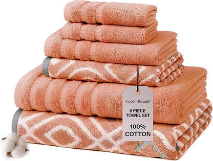 Modern Threads Oxford 6-Piece 100% Cotton Towel Set – Yarn Dyed Jacquard &