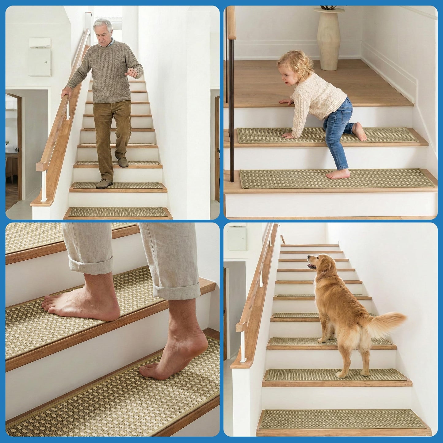WELINHOME Chenille Stair Treads for Wooden Steps 8"x30" (15 Pack), Ultra Soft Non-Slip Carpet Stair Runners Indoor, Peel and Stick Self-Adhesive Step Rugs for Kids & Dogs, Machine Washable, Beige