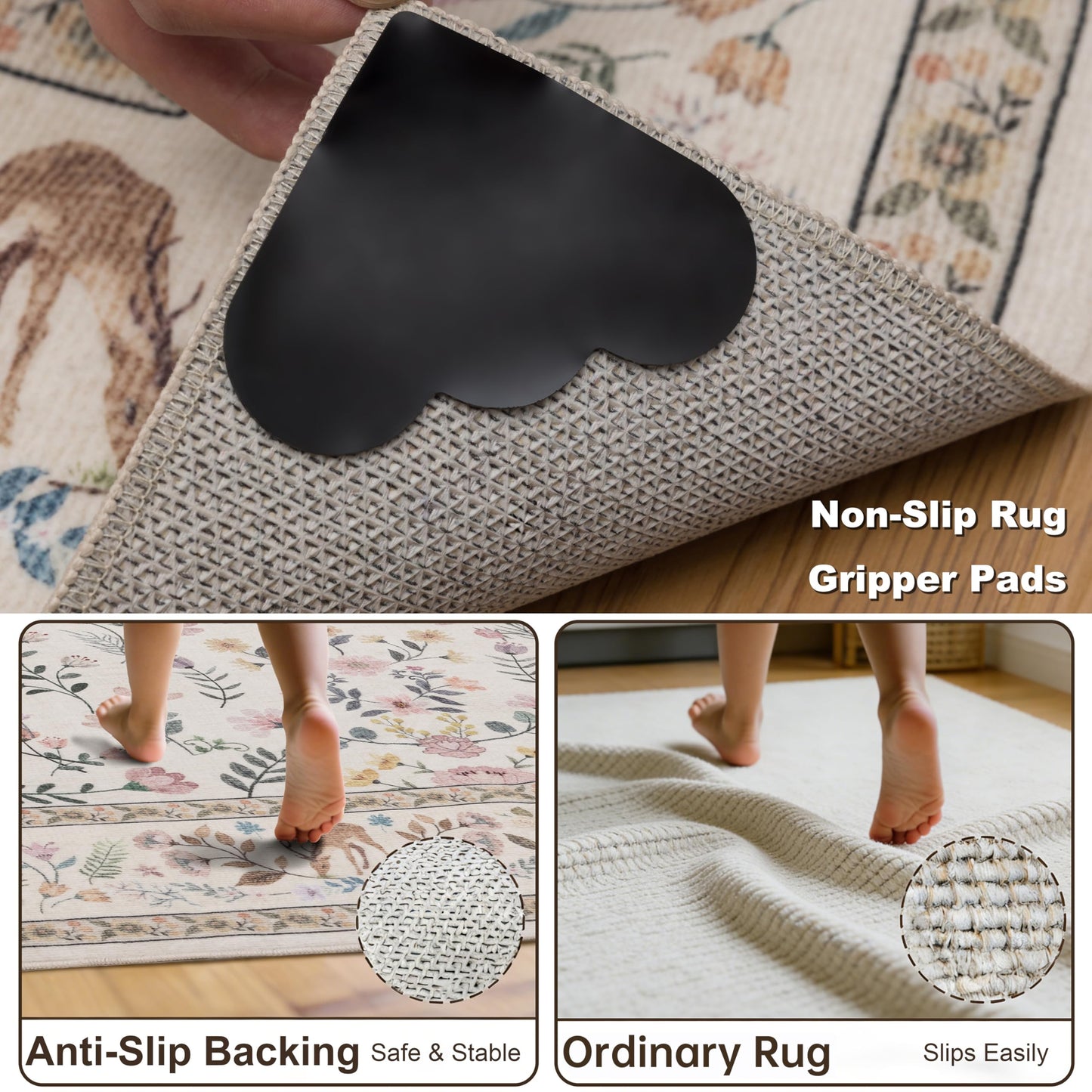 4x6 Area Rugs, Floral Washable Rugs with Non-Slip Backing, Low Pile Soft Carpet for Nursery, Living Room, Bedroom, Kids Room, Home Office, Farmhouse, Beige Green