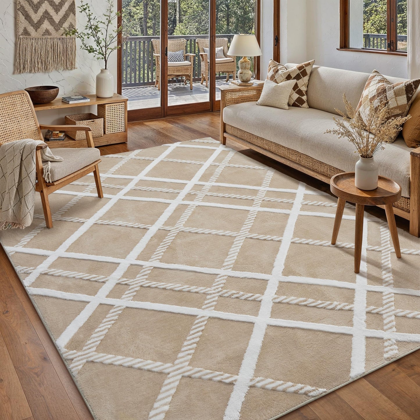 HUGEAR 5x8 Shag Area Rug Beige Modern Neutral Medium Plush Pile Super Soft Indoor Fuzzy Carpet Non Slip Non-Shedding Easy Care 0.5-inch Thick for High Traffic Areas in Living Room Bedroom Dining