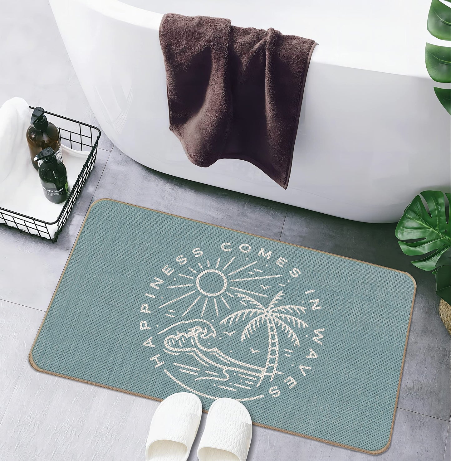 Lacosu Summer Beach House Happiness Comes in Waves Blue Rustic Door Mat Doormat,17"X30" Decorative Coastal House Indoor Outdoor Entry Welcome Door Mat,Ocean Beach Gifts