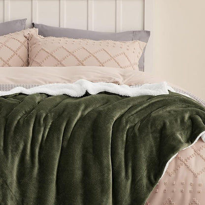Bedsure GentleSoft Sherpa Fleece Throw Blanket Twin Size for Couch - Thick and Warm Throw for Men, Soft Fuzzy Plush Twin Blanket for Winter, Olive Green, 60x80 Inches