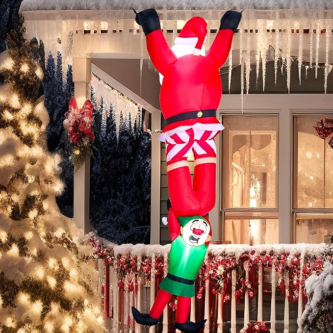 Joiedomi 8 FT Hanging Christmas Inflatables Decoration, Christmas Inflatable Climbing Santa with Falling Elf, Blow Up Santa with Build-in LEDs for Xmas Party Outdoor Yard Garden Lawn Decor