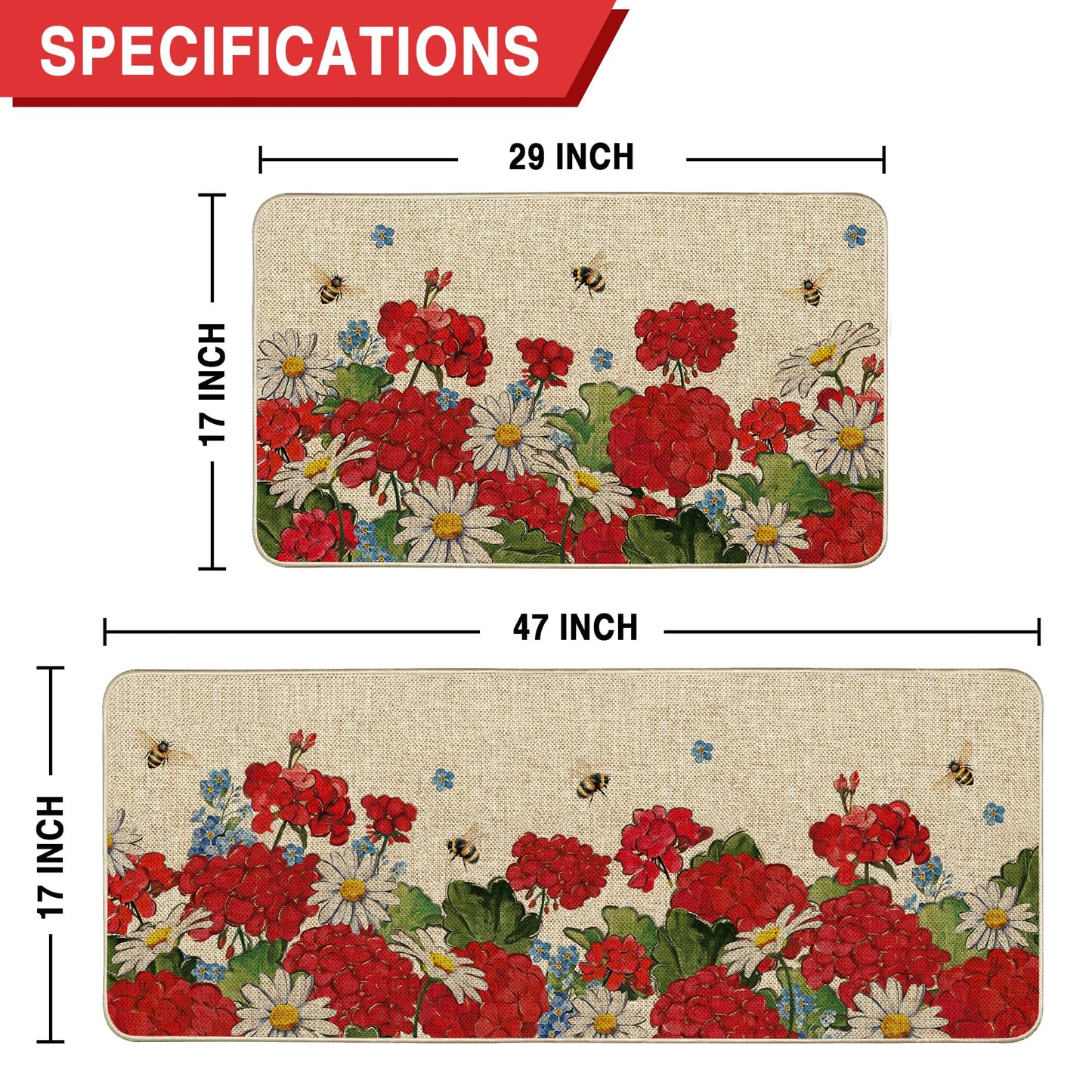Tikeciti Spring Summer Red Geranium Kitchen Mats Set of 2, Bee and Flower Kitchen Rugs Seasonal Vibrant Daisy Holiday Floor Non-Slip Low Profile Mat Farmhouse Home Decor 17x29 and 17x47 Inch