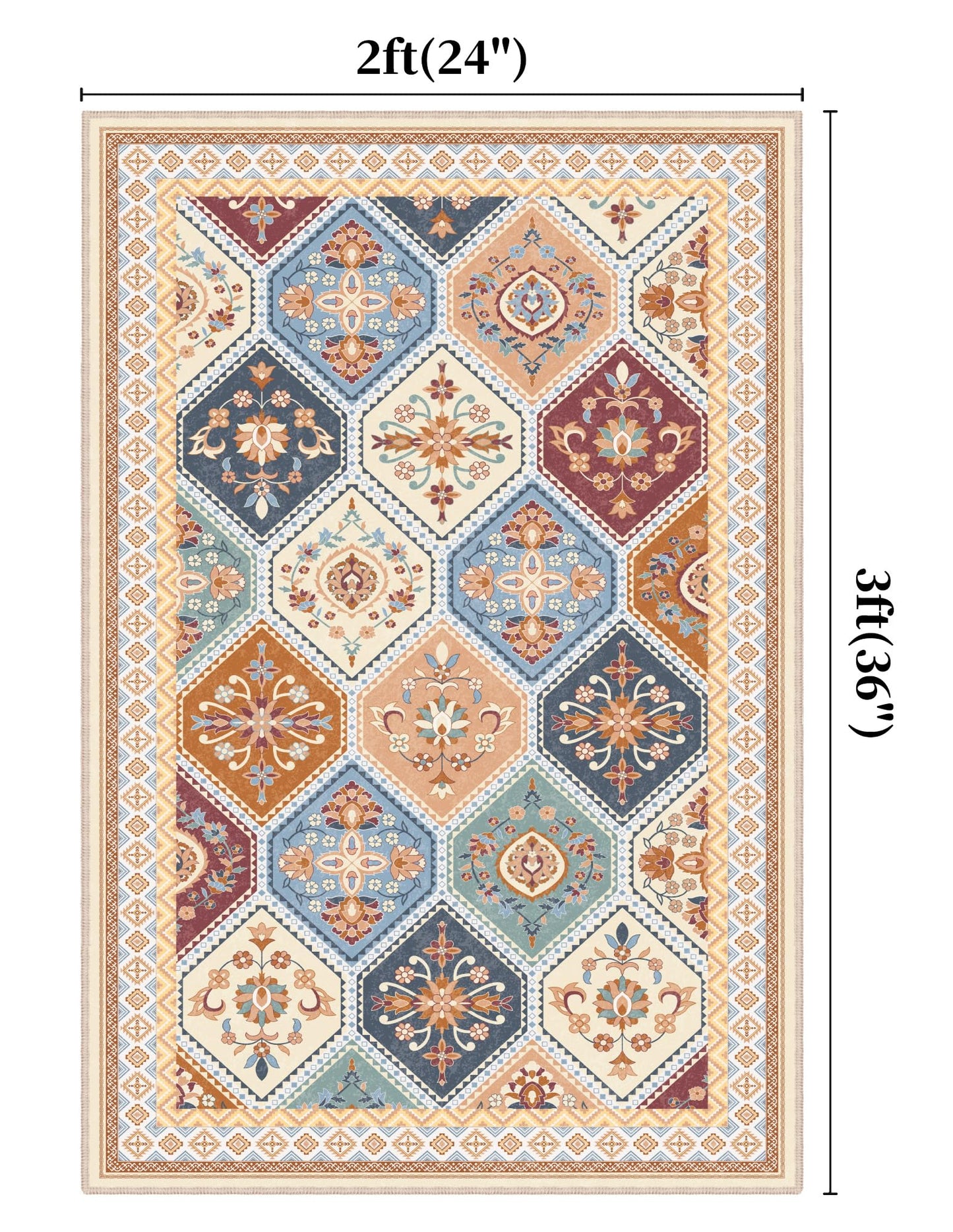 TTelephant 2x3 Washable Entryway Rugs, Soft Non-Slip Boho Moroccan Rug, Low-Pile Printed Indoor Throw Rugs for Entrance, Kitchen, Bedroom Bedside- Multi