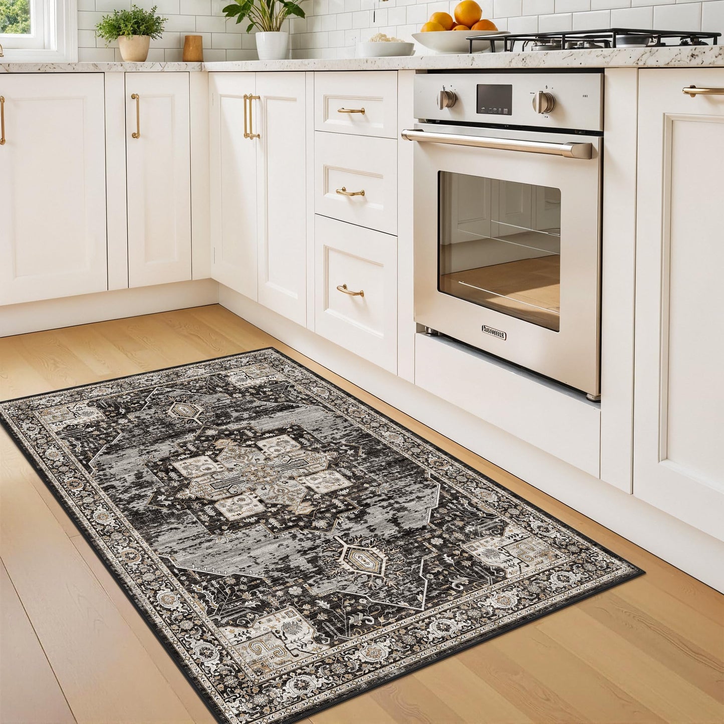 RUUGME Black Washable Entry Rug : 3x4 Rugs for Entryway Kitchen Bathroom Indoor - Soft Stain Resistant Carpets Distressed Floor Decor Mat 3x4 Black