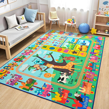 Zedrew Kids Rug for Playroom, 4x6 ABC Educational Carpet for Classroom, Fun Alphabet Area Rugs for Learn Numbers Season Animal Weather and Shapes Playmat for Girls Boys Room Nursery Decor