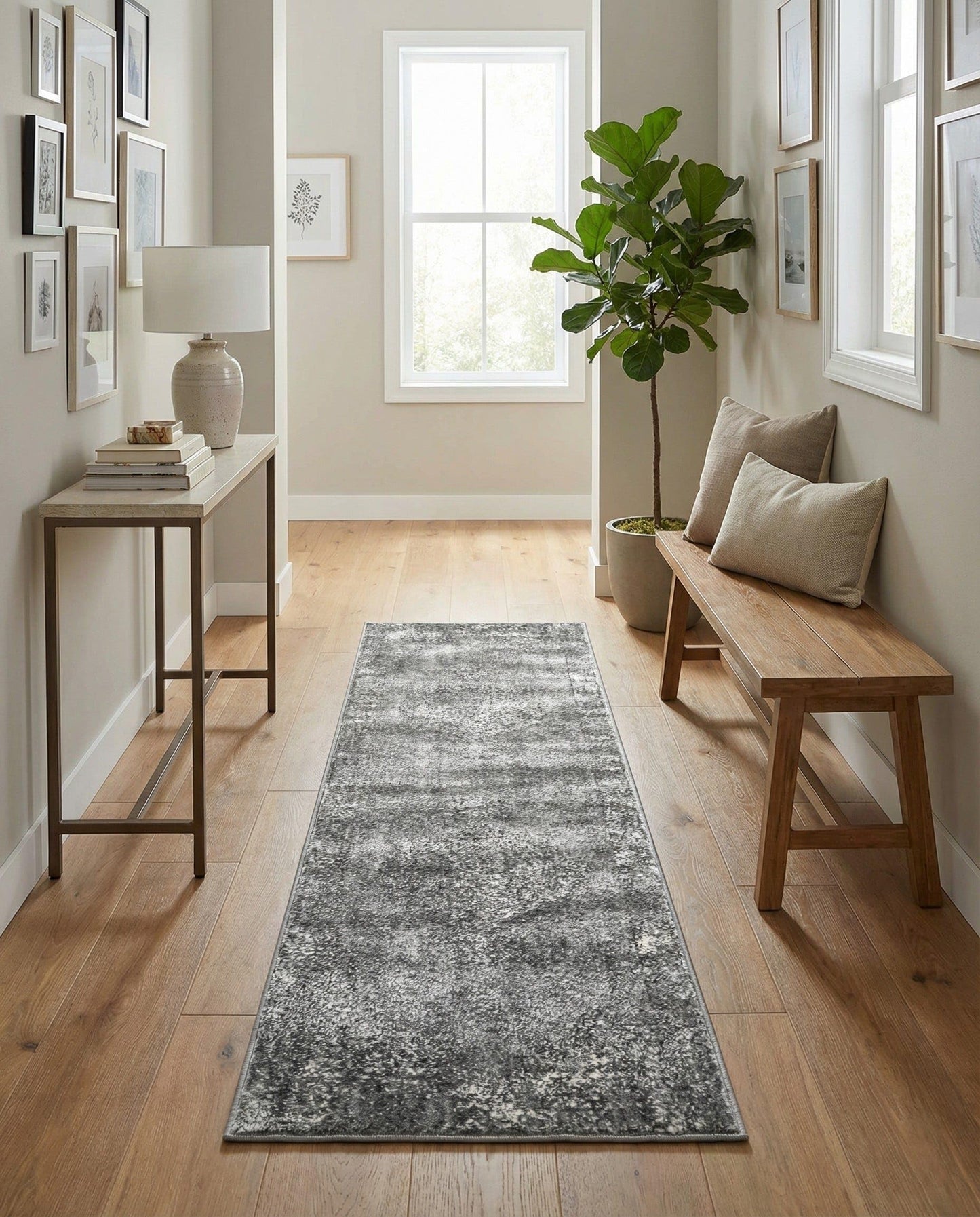 Rugs.com - Oregon Collection Rug – 7 Ft Runner Gray Stain-Resistant Runner – Farmhouse Medallion Style for Hallways and Entryways