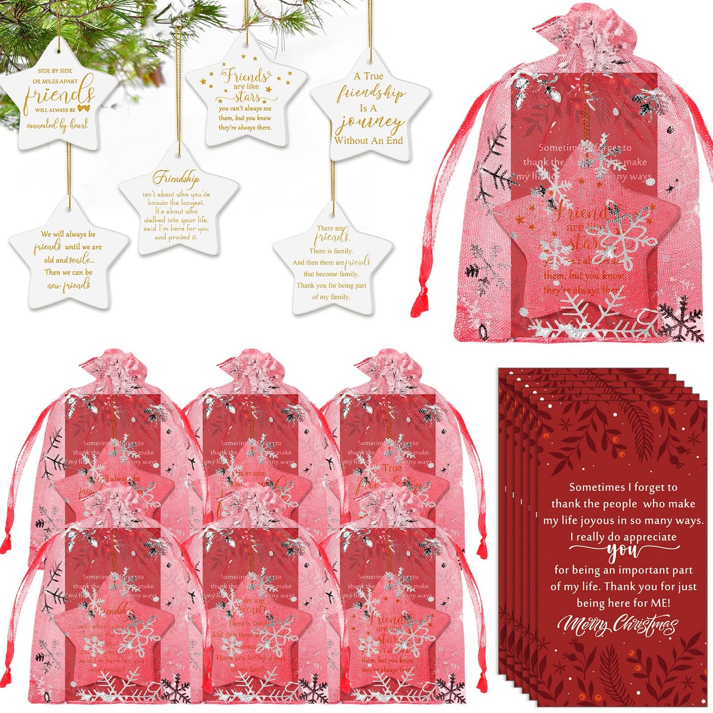 Suzile 6 Pcs Friendship Christmas Ornaments Long Distance Sister Christmas Ornament Gift Round Sisters Friends Ornaments with Holiday Cards Organza Gift Bag for Christmas Tree (Star)