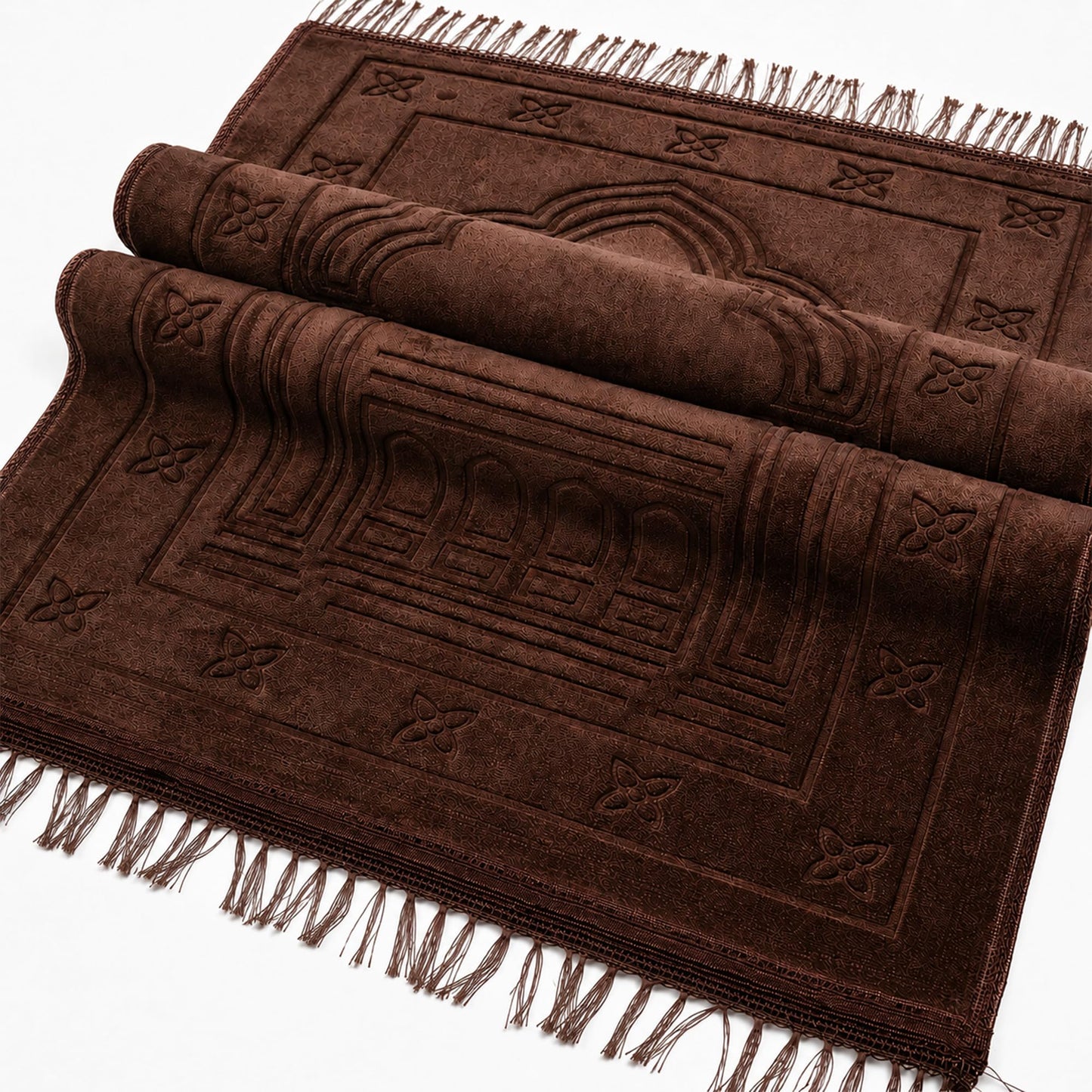 BARQENOR Brown Muslim Prayer Rug Soft Velvet Islamic Sajadah Prayer Mat with Tassels 31.5 x 47.2 in