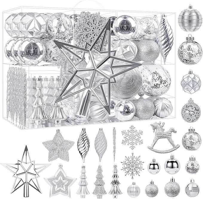 SHareconn 100pcs Christmas Tree Decorations Ornaments Set, Shatterproof Plastic Baubles Decorative Balls for Xmas Tree Decor Holiday Wedding Party, Sliver