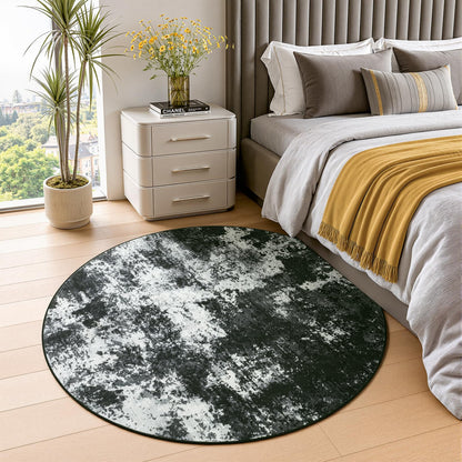 Merelax 4ft Round Black Abstract Area Rug, Washable Non Slip Circle Rug for Entryway, Kitchen, Bedroom, Bathroom, Nursery, Living Room, Thin Soft Circular Rugs Indoor Décor, Low Pile Carpet