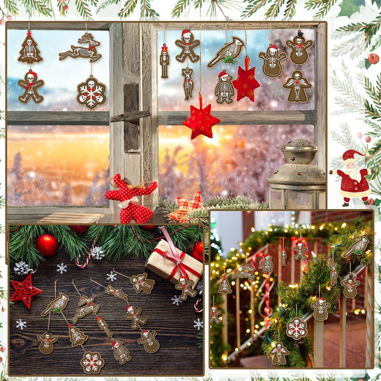 AceOrbit 24 Pcs Gothic Christmas Ornaments Skeleton Gingerbread Christmas Tree Decorations Gothic Skull Lamination Wooded Hanging Xmas Decorations for Holiday Halloween Party Supplies