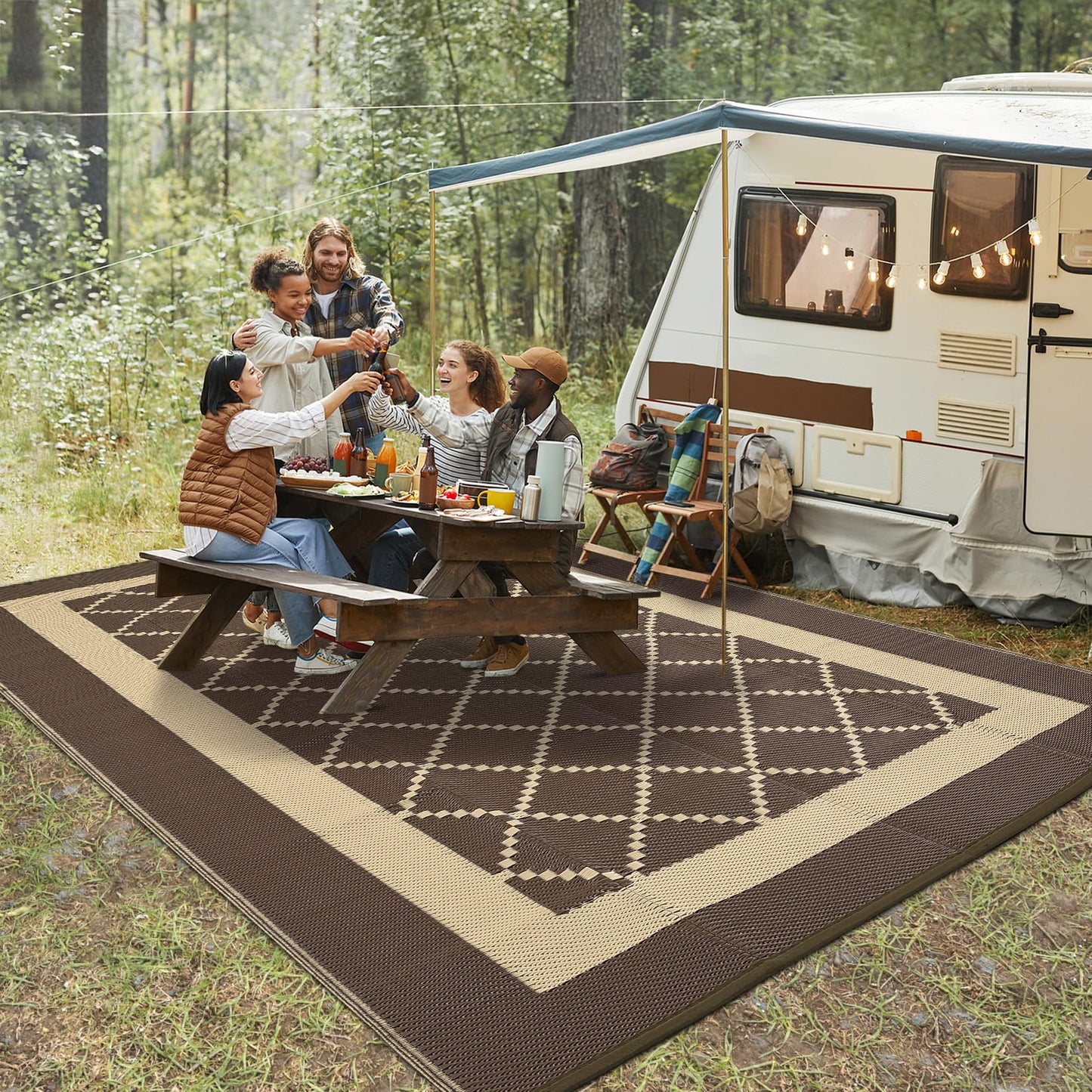 Garvee Patio Rugs Outdoor 9x18 Plastic Straw Rug Modern Reversible Camping Carpet, Waterproof Bordered Outdoor Mat with 4 Stakes and Storage Bag for RV, Picnic, Backyard, Deck, Balcony, Porch, Beach