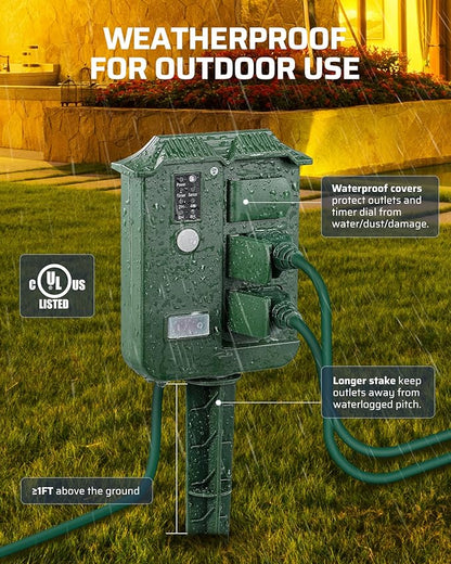 DEWENWILS Outdoor Power Stake Timer Waterproof, 6 Grounded Outlets, 6FT Extension Cord, 100FT Wireless Remote Control, Photocell Dusk to Dawn Timer for Christmas Lights, Garden, UL Listed