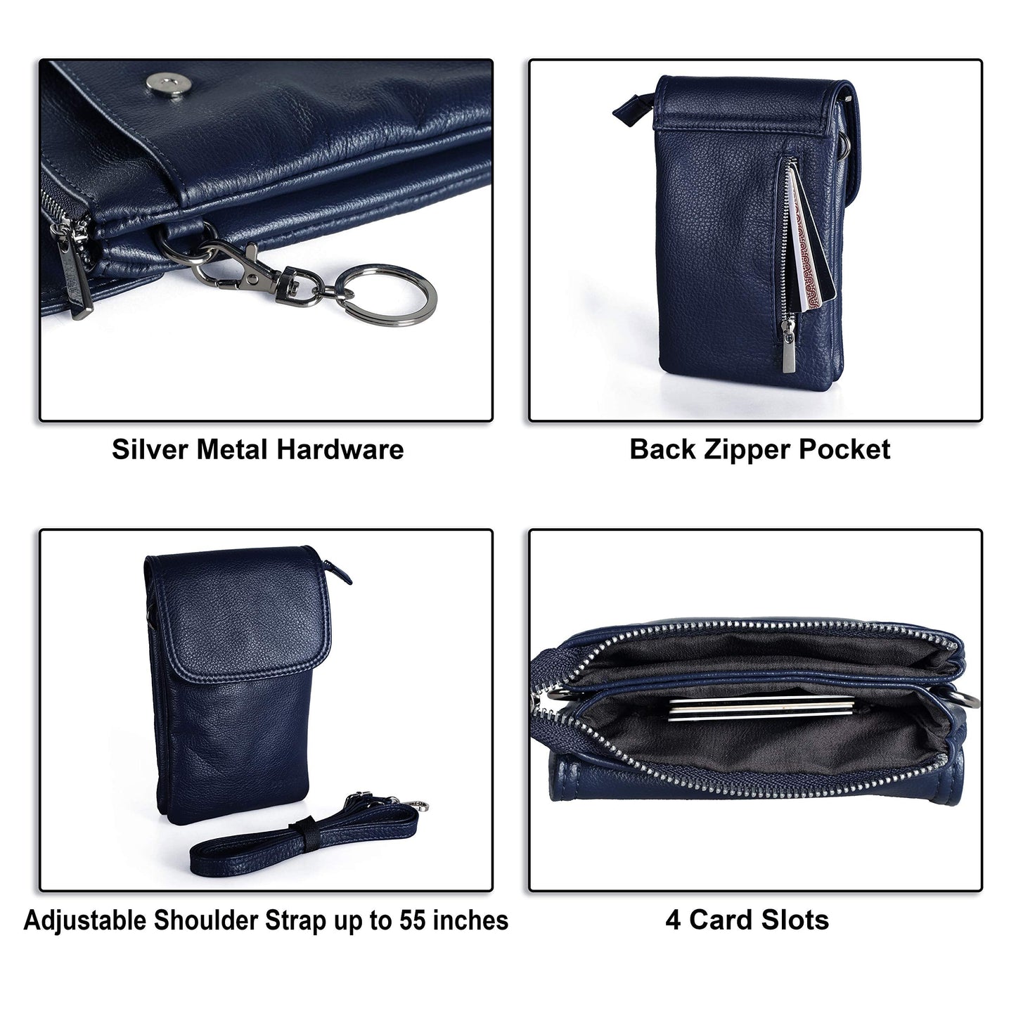 befen Geniune Leather Crossbody Wallet Purse Cell Phone Bags for Women, Women's Small Leather Crossbody Travel Bags - Fit iPhone 15 Pro Max (Navy Blue)