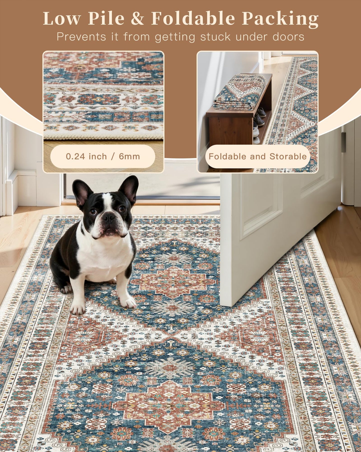 Madane Runner Rug 2'6''x8' Kitchen Runner, Hallway Runner Printed Vintage Washable Rugs Soft Non-Slip Low Pile 2.5x8 ft Runners for Hallways Laundry Room Rug Distressed Rug, Navy Blue