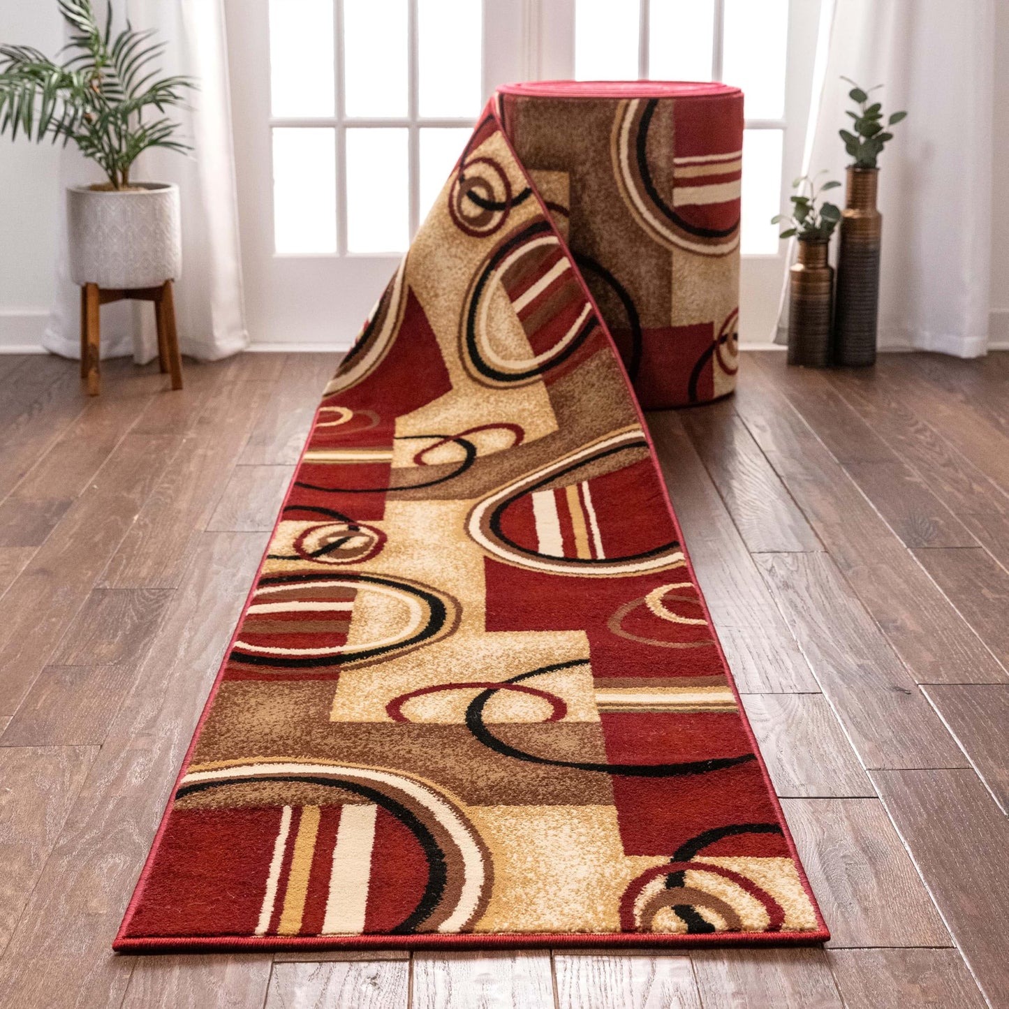 Well Woven Custom Size Hallway Stair Runner- Choose Length - Deco Rings Red Geometric Modern 26 Inch Wide x 25 Feet Long Runner (26" x 25') Abstract Color Block Carpet