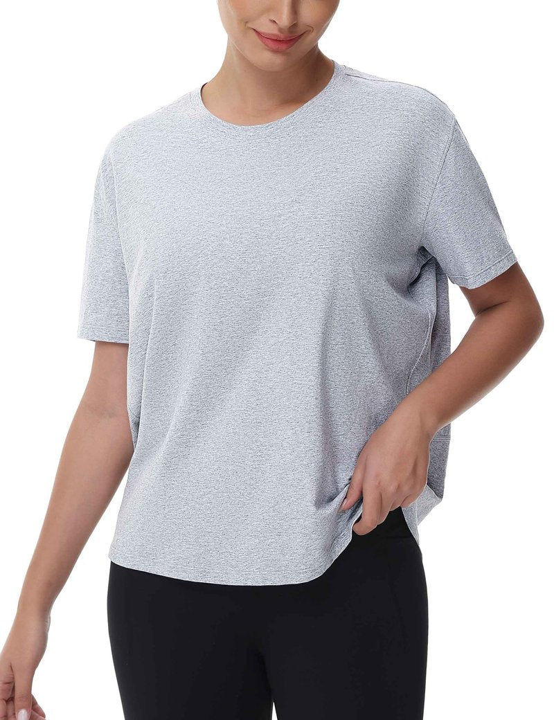THE GYM PEOPLE Women's Short Sleeve Workout T-Shirts Back Loose Fit Running Yoga Tee Tops Heather Grey