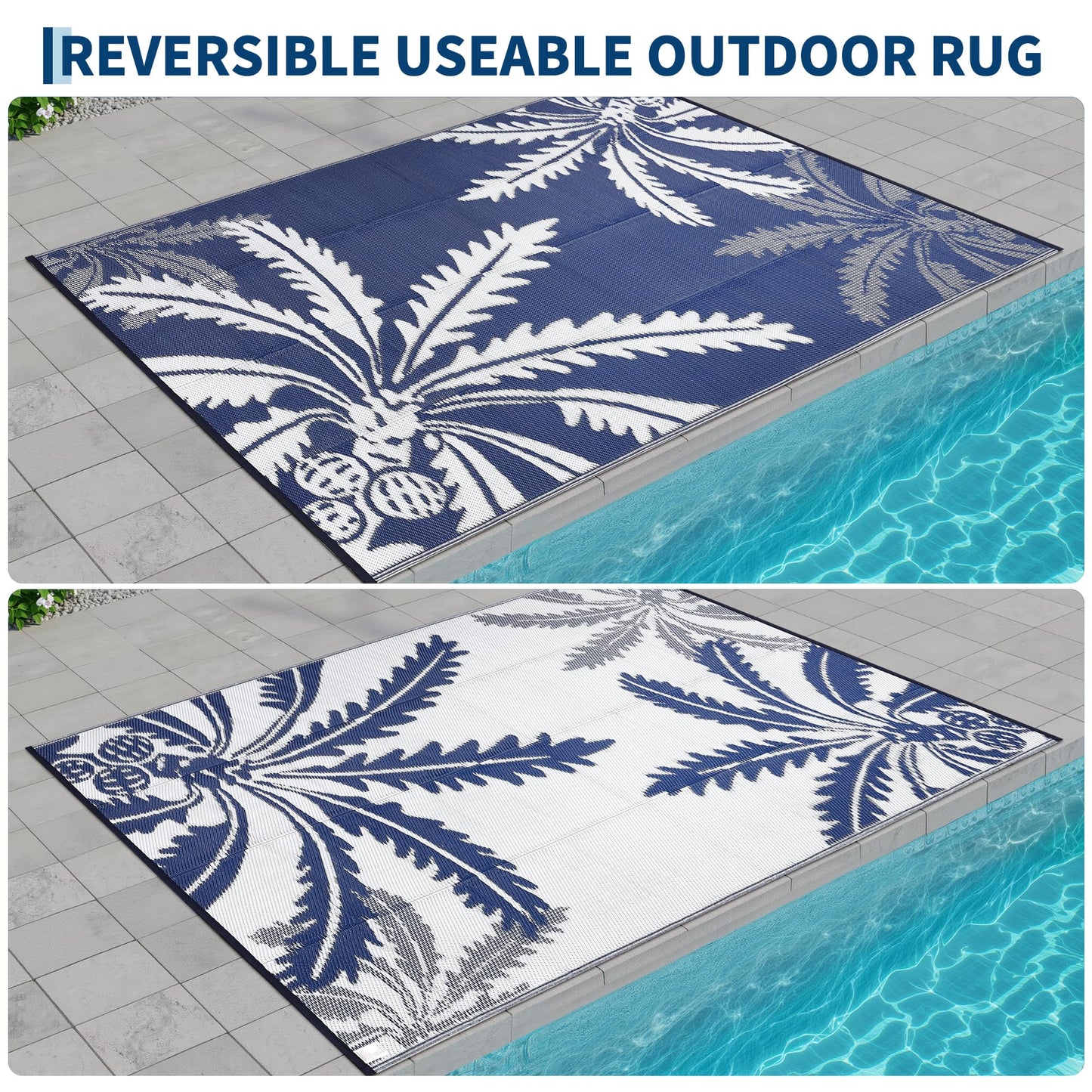 IDEALHOUSE Waterproof Outdoor Rug 8x10 for Patio, Reversible Modern Area Rug, Large Plastic Straw Mat for Camping, RV, Porch, Backyard, Deck, Picnic, Beach, Blue & White