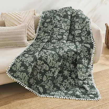 Ultra Soft Pre-Washed Quilted Throw Blanket, Floral Printed Pompom Fringed Dark Green Decorative Throws, Chic Rustic Blanket for Sofa Couch Bed Chair, 90"x 90"