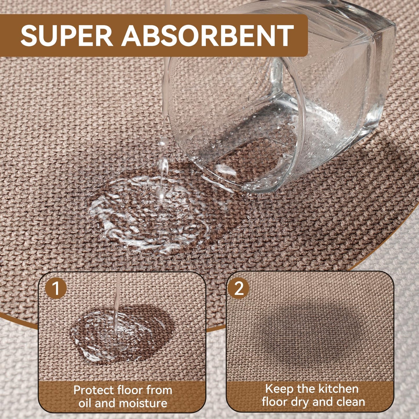 YDKGL Kitchen Rugs Mat Non Slip Washable, Linen-Look 0.3" Thick Soft Cushioned Absorbent Kitchen Mats for Floor, Mild Anti-Fatigue Runner Rug Sink Mat Laundry Standing Mats, Easy Clean, Brown 17"x30"