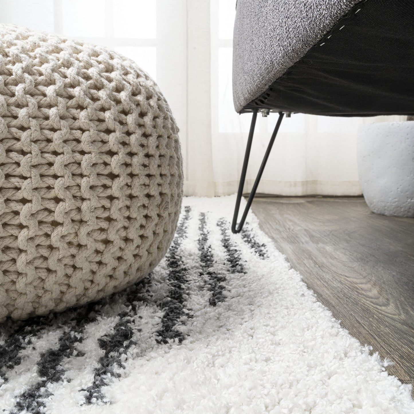 JONATHAN Y Elm Diamond Stripe Shag White/Gray Runner Rug, 2x10, Geometric, Bohemian, Contemporary, Easy-Cleaning for Living Room, Bedroom, Kitchen, Pet Friendly, Non-Shedding (MOH408A-210)