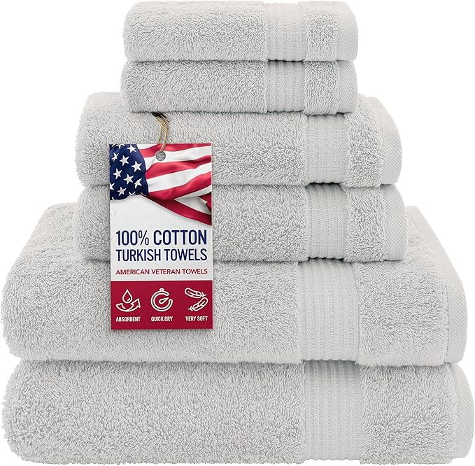 American Veteran Towel, 100% Cotton Turkish 6 Piece Towel Set, Luxury Towels