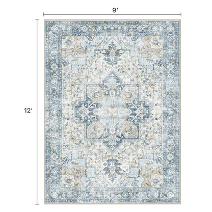 BESBLEE 9x12 Area Rugs for Living Room, Machine Washable Non Slip Vintage Rugs, Low Pile Lightweight Print Rug for Bedroom, Dining Room, Home Office, Blue