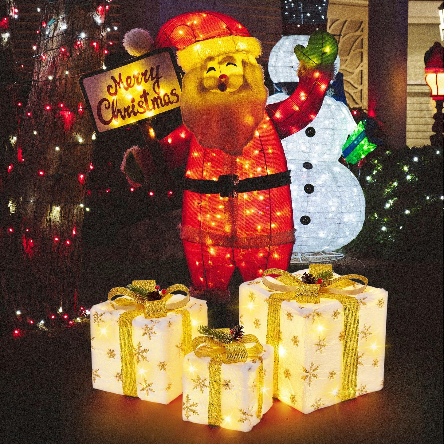 Set of 3 Christmas Lighted Gift Boxes, Plush Pre-lit 70 LED Light Up Present Boxes with Gold Snowflake, Battery Operated Christmas Decorations for Indoor Home, Housen Solutions