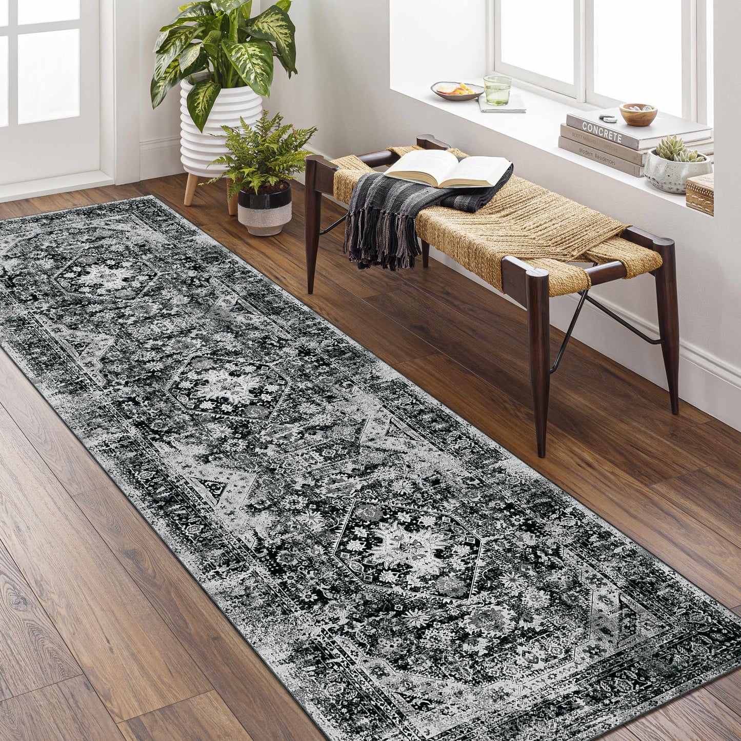 MUJOO Black Runner Rug,Washable 2x8 Runner Rugs for Hallway Kitchen Bedside Bathroom,Boho Area Rug Carpet Runner Long Non Slip Throw Rug Modern Soft Black and White Floral