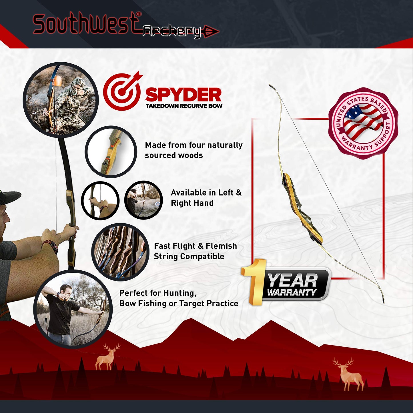 Spyder Takedown Recurve Bow - Hunting & Target Bow - Fast, Accurate, Versatile - Handcrafted Riser - Fiber Glass Maple Limbs - 62" Right Hand, 29lb with Stringer Tool