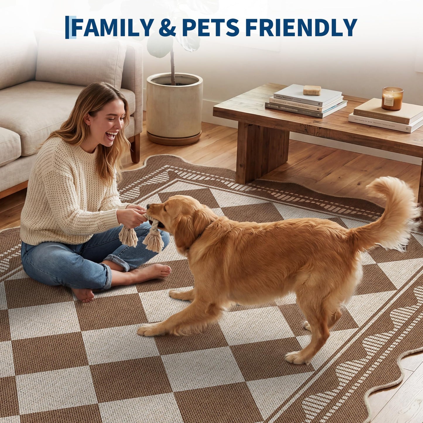 Garvee Easy Jute 2x6 Scalloped Border Kitchen Rugs Non Slip Indoor Outdoor Washable Rugs for Living Room Low Pile Floor Cover for Entryway Stain Resistant Indoor Carpet for Hallway，Brown