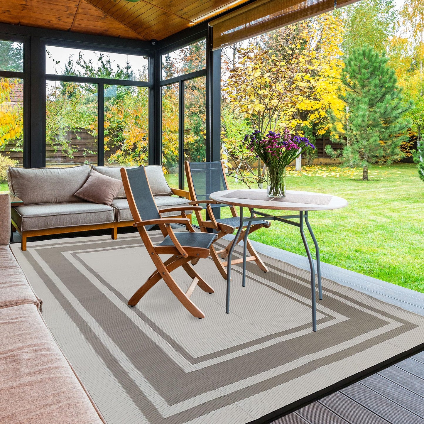 RURALITY Outdoor Rugs 5x8 for Patios Clearance,Waterproof Plastic Straw Mats for Porch,Deck,RV,Backyard,Balcony,Reversible,Recyclable,Easy to Clean,Modern Geometric