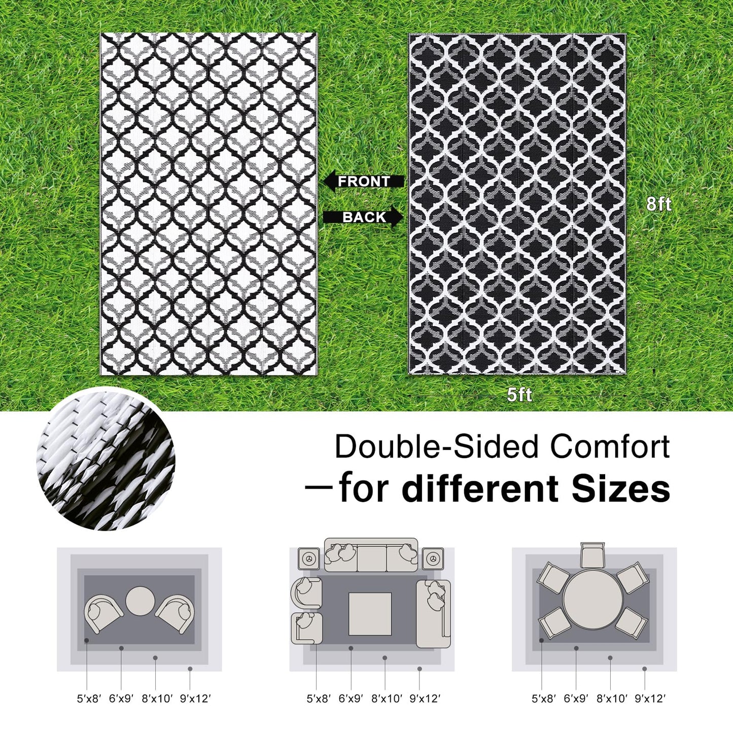 OLANLY Reversible Outdoor Rug 5x8 ft Clearance, Waterproof Outdoor Plastic Straw Rug with Interlacing Pattern, RV Mat for Patio, Camping, Balcony, Deck, Backyard, Black & White