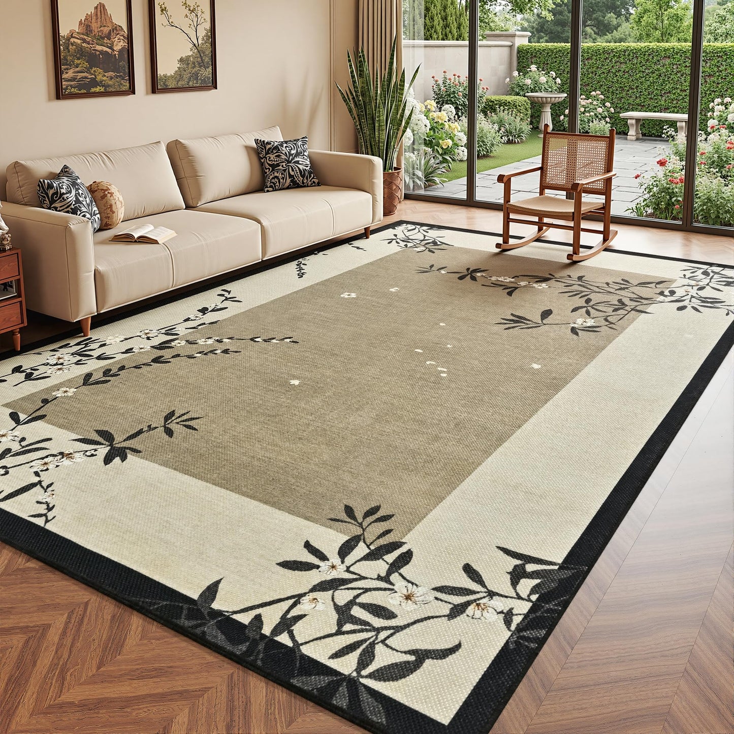 FALARK Easy Jute 4x6 Outdoor Patio Rug, Washable Rugs for Entryway Indoor Living Room Carpet, Oriental Brown Cherry Blossom Branch Neutral Non Slip Thin Door Carpet for Backyard Bedroom Kitchen
