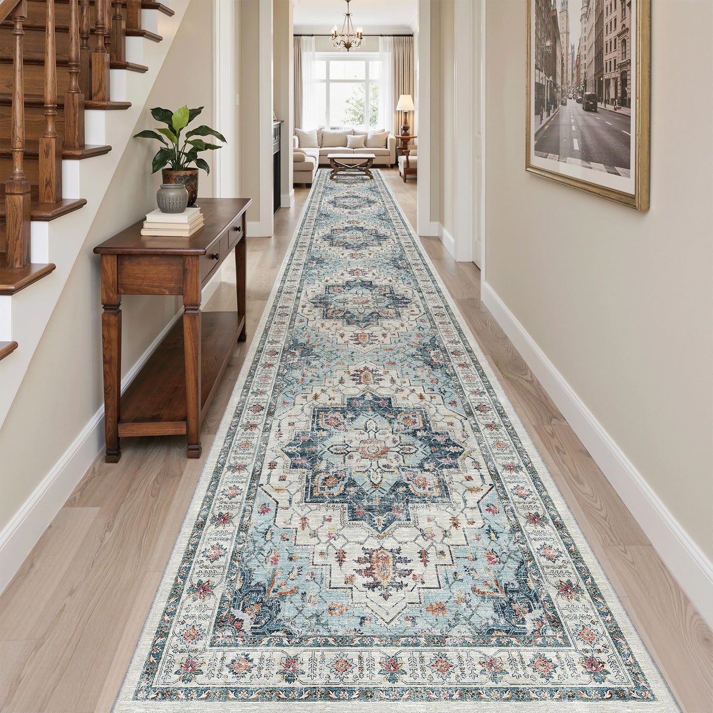 Madane 3x20 Hallway Runner Rug - Extra Long Carpet Runners for Hallways 20ft Non Slip Stain Resistant Rugs Runner for Living Room Bedroom 20 Feet Distressed Floor Carpet for Kitchen, Blue