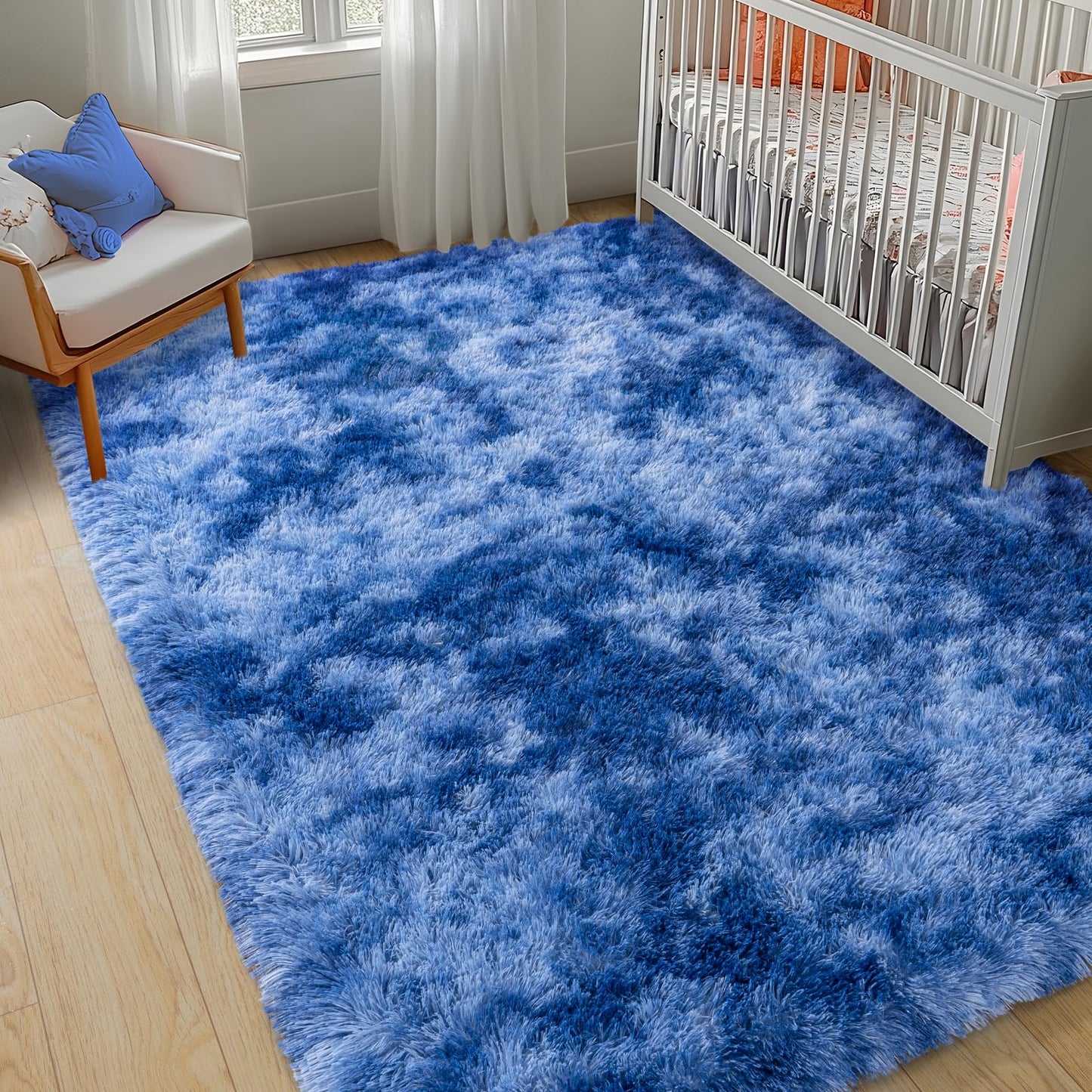 plumlik 8x10 Large Area Rugs for Living Room, Tie-Dyed Blue Fluffy Shag Rug for Bedroom and Nursery, Soft and Comfy, Big Carpet for Kids, Girls, Boys Room Dorm Home Decor Aesthetic, Upgrade Non Slip