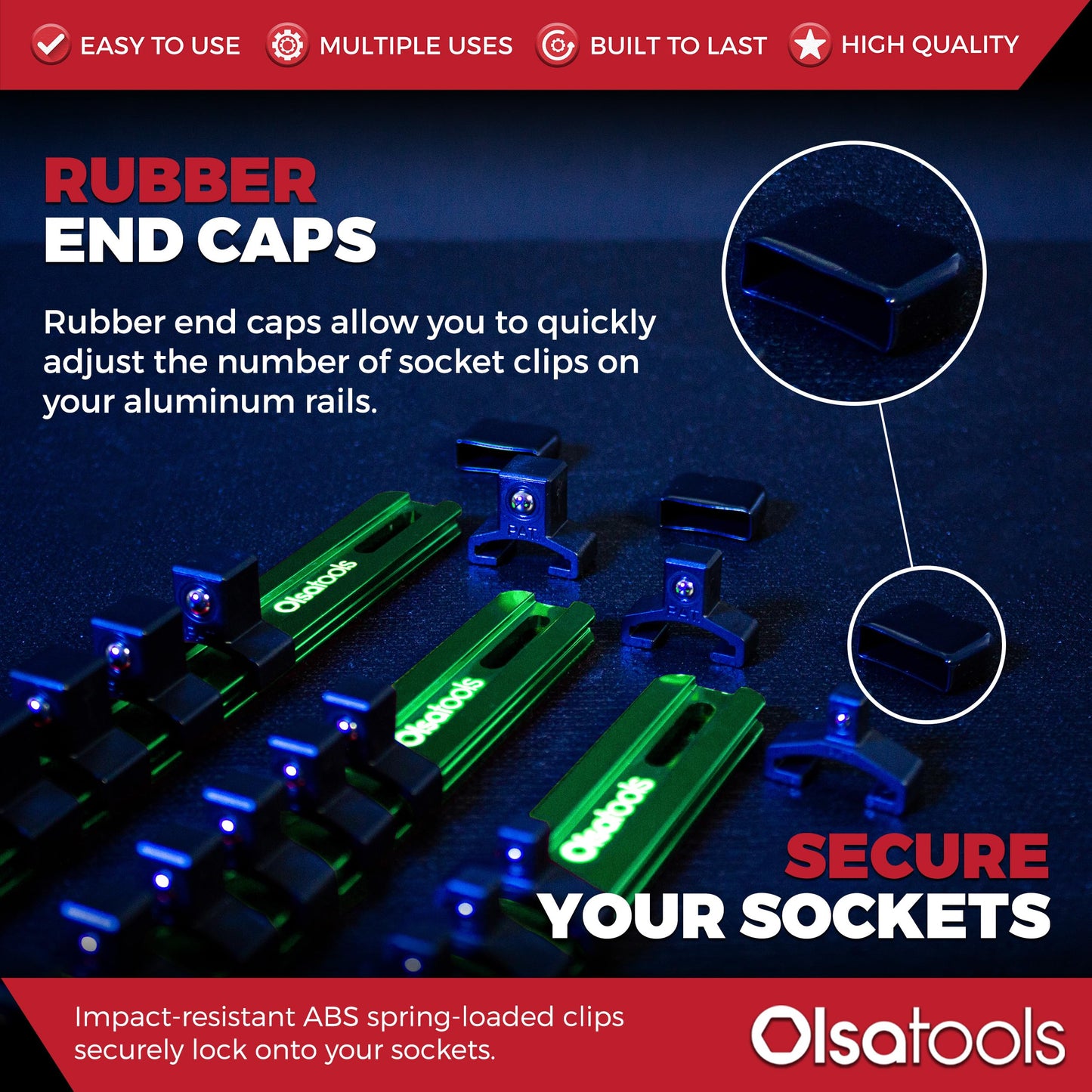 Olsa Tools Aluminum Socket Organizer, 3pc Set - Green Socket Holder Kit 1/2-Inch, 3/8-Inch, and 1/4-Inch Drive - Holds 58 Chrome or Impact Sockets - Professional Grade Socket Rails - Part: 1102