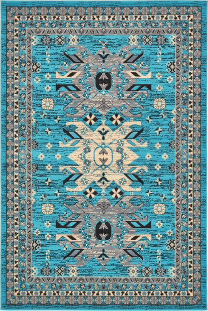 Unique Loom Taftan Collection Border Geometric Tribal Inspired Design Area Rug (6' 0 x 9' 0 Rectangular, Turquoise/ Gray)